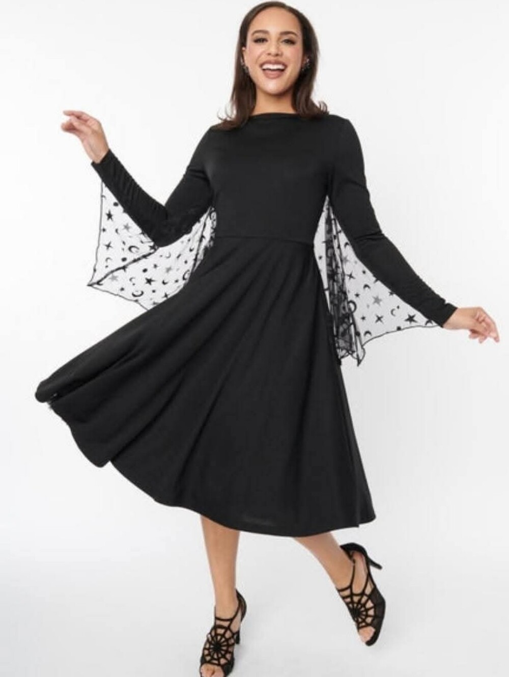 Black Long-Sleeve Midi Dress with Star & Moon Mesh Cape